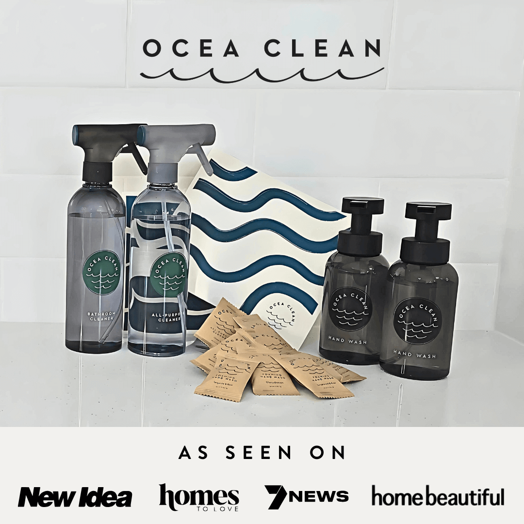 Ocea Clean eco-friendly cleaning products showcasing refillable hand wash, all purpose cleaner, and dissolvable cleaning tablets.