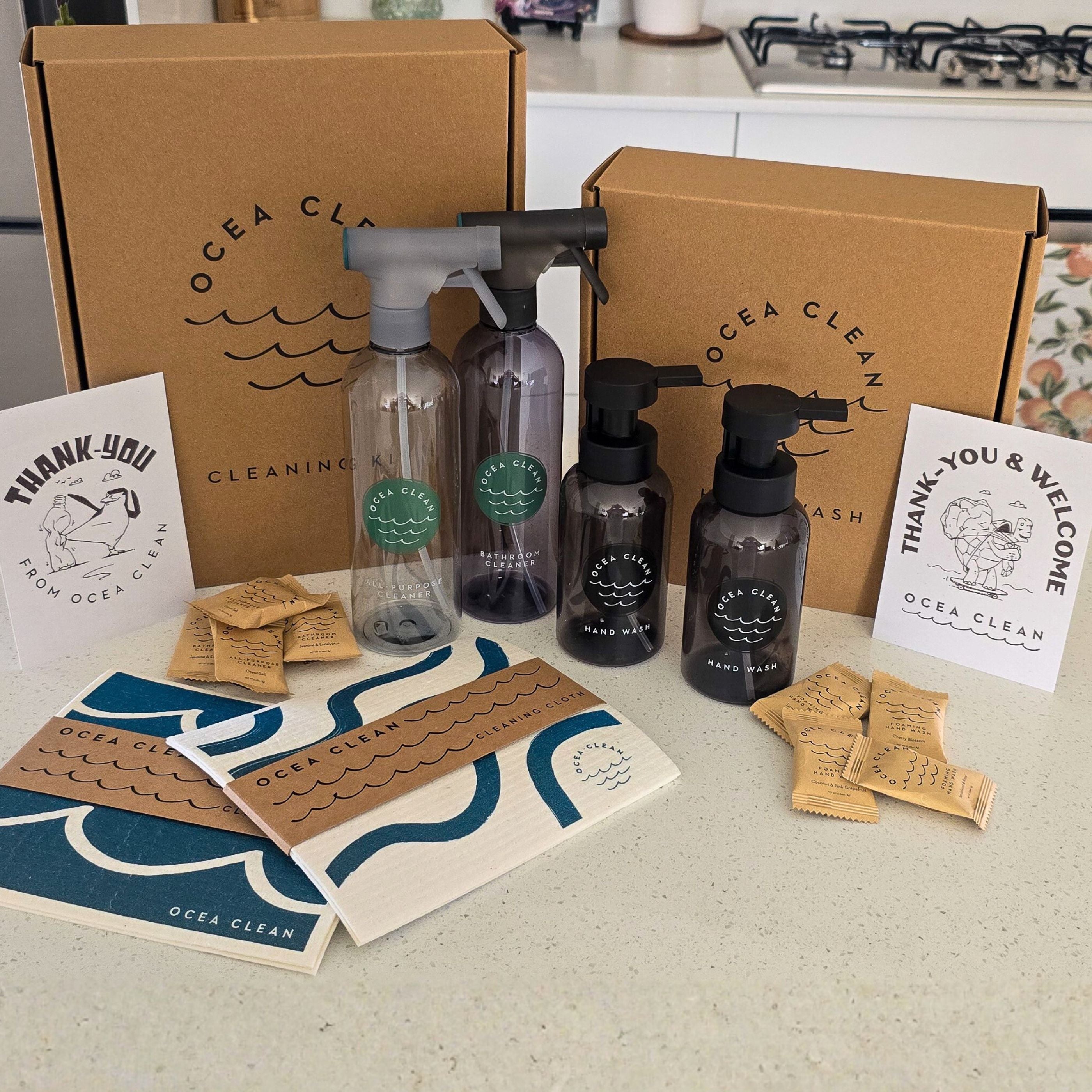 THE FULL RANGE: Refillable cleaning products, hand wash tablets, eco friendly packaging, and low tox cleaners from Ocea Clean.