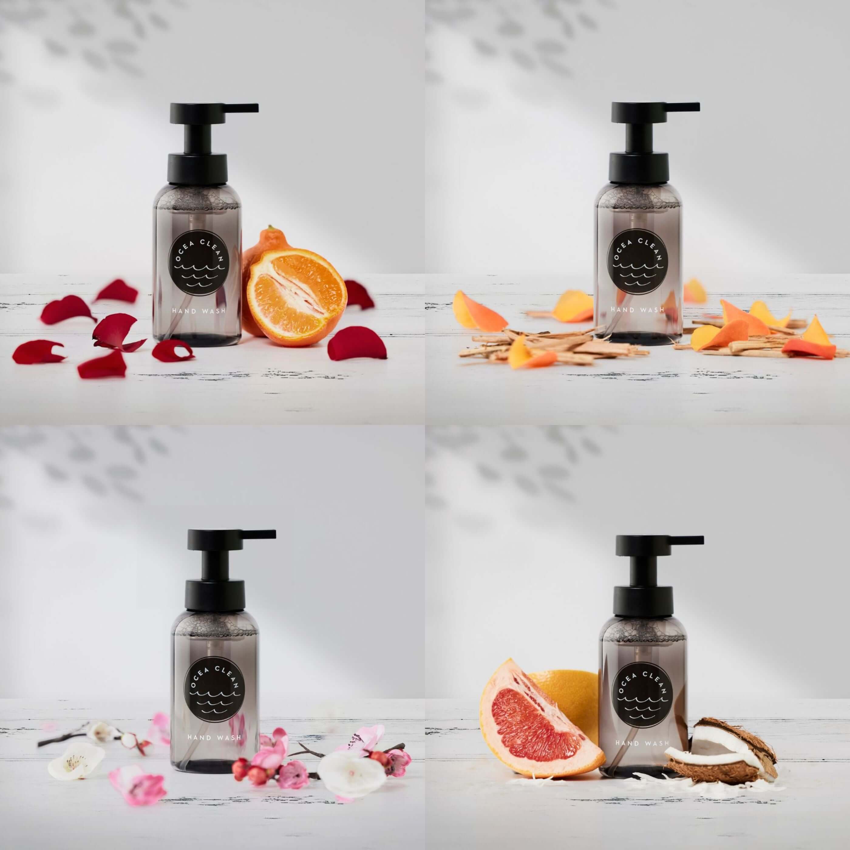 Ocea Clean Hand Wash Pack with soft floral and citrus scents, featuring refillable cleaning products for sustainable hand care.