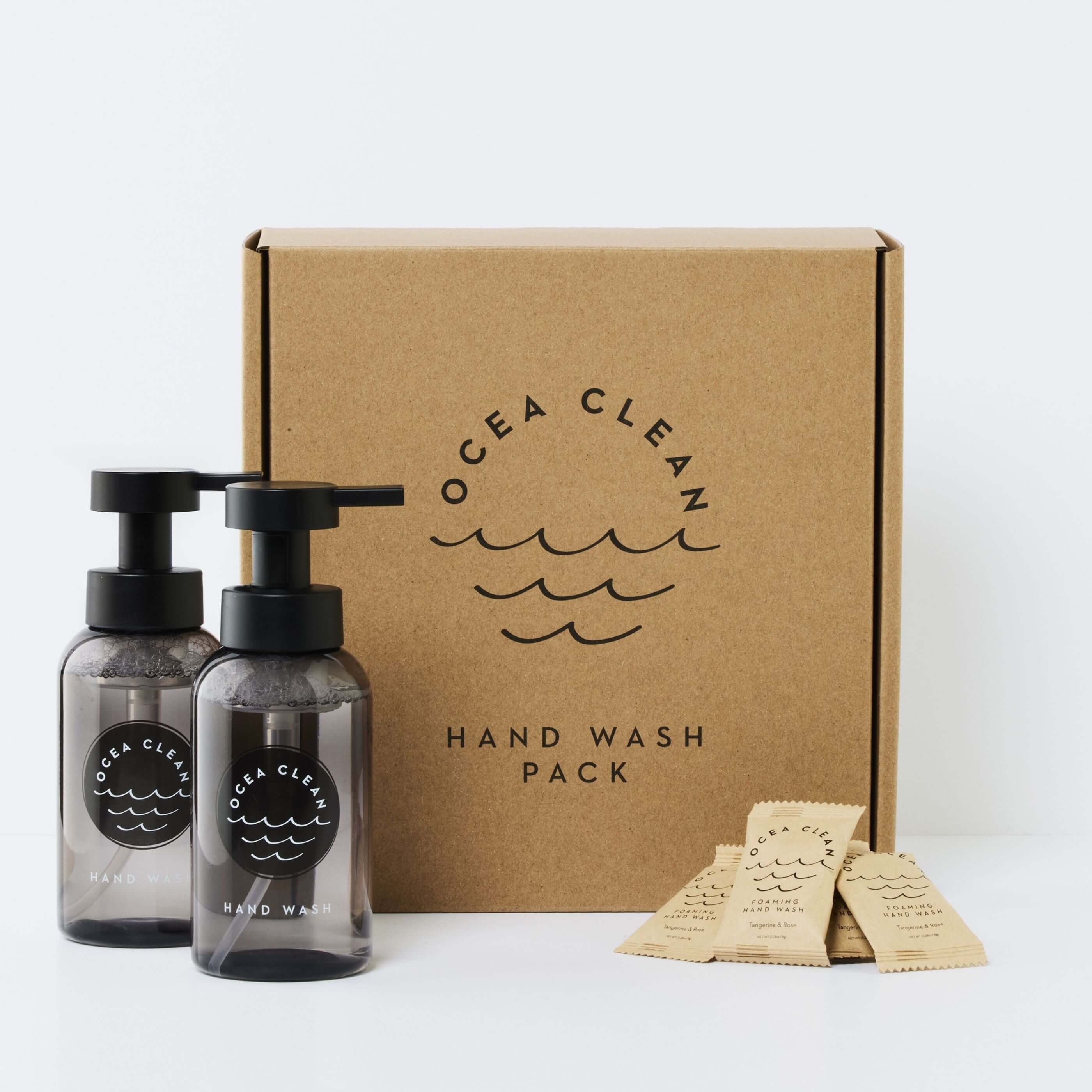 Ocea Clean Hand Wash Pack featuring refillable dispensers and eco-friendly cleaning products.
