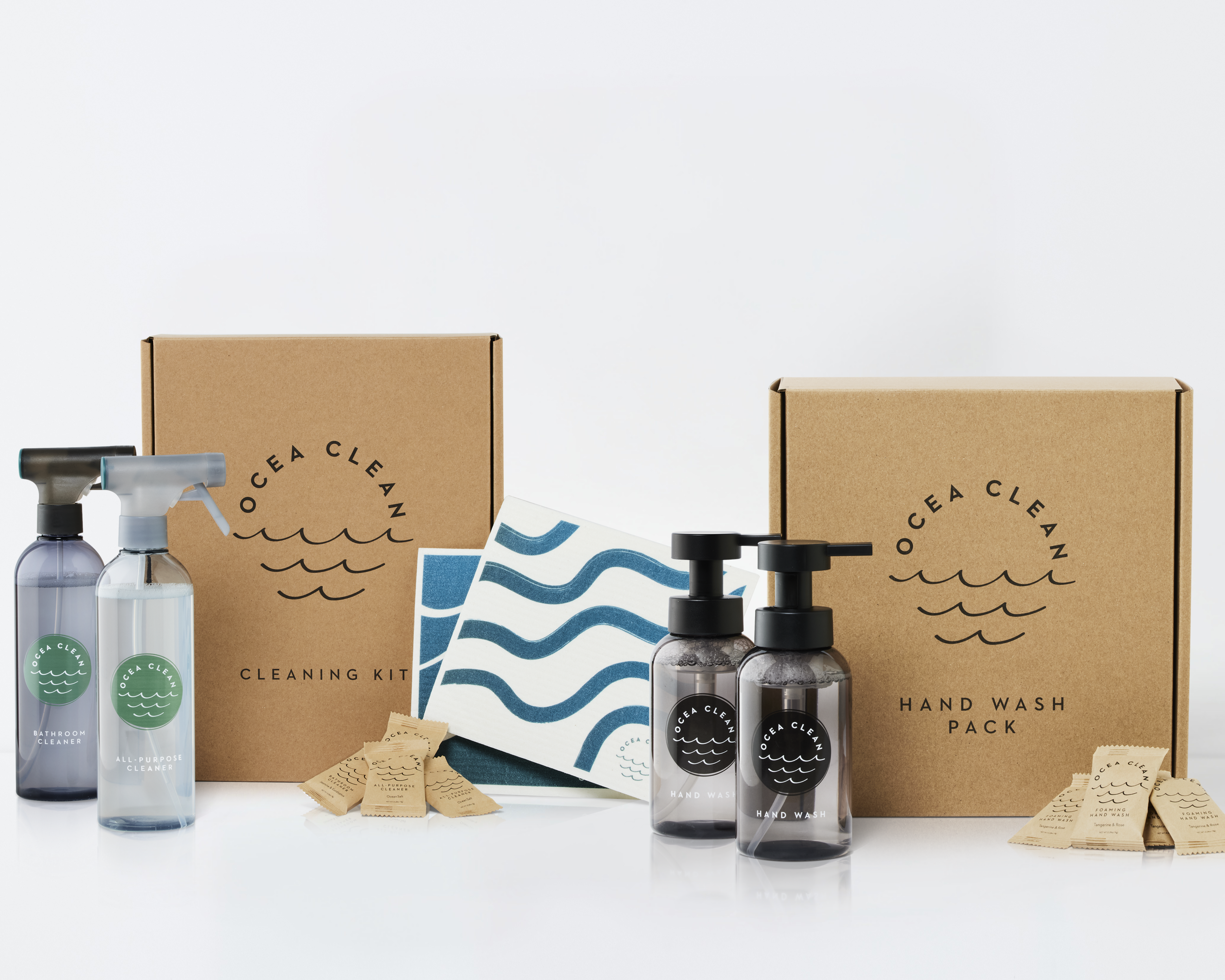 Ocea Clean cleaning kit and Hand wash Pack with boxes on a white background