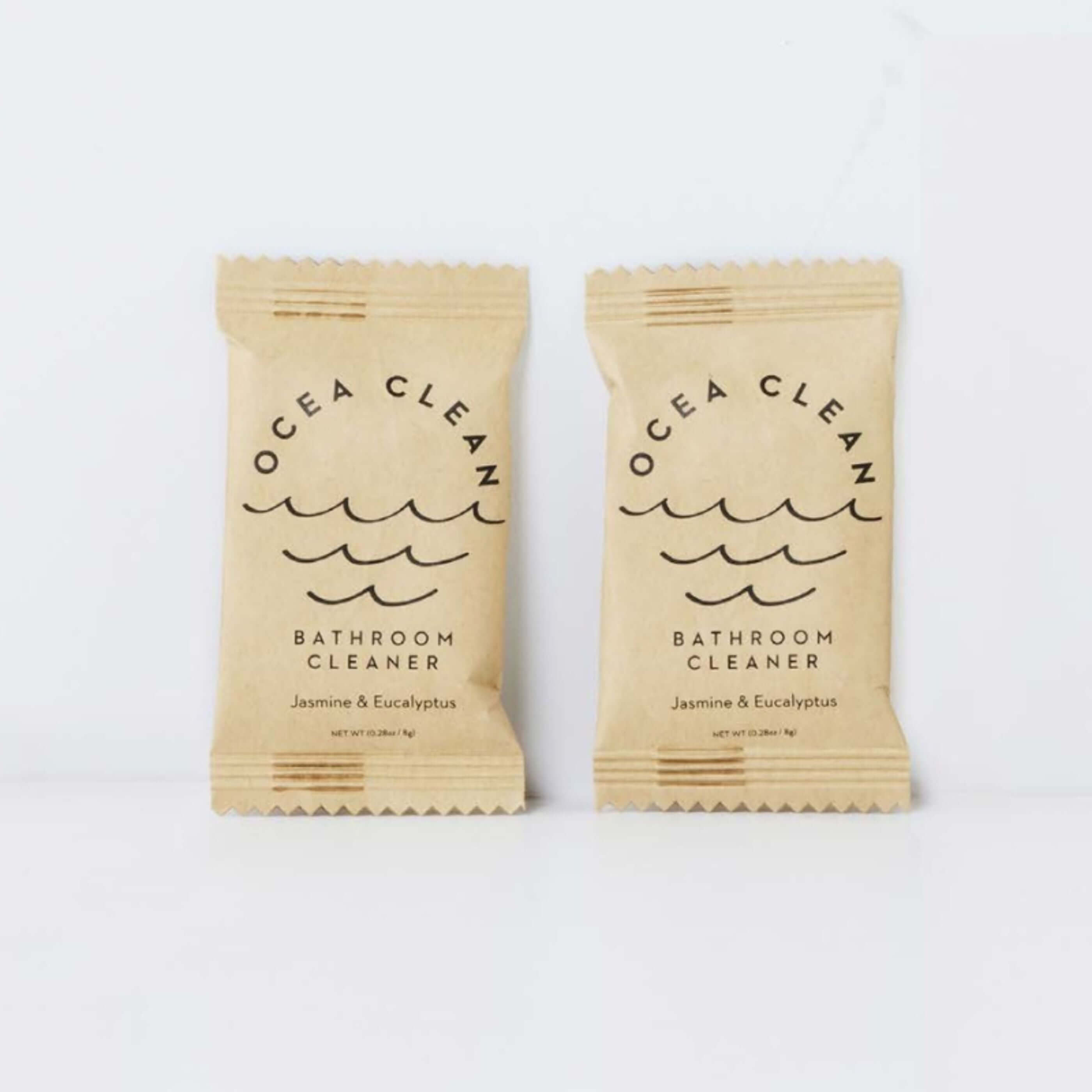 Ocea Clean Bathroom Cleaner Kit packaging featuring Jasmine & Eucalyptus scent, eco-friendly design, and dissolvable tablet form.