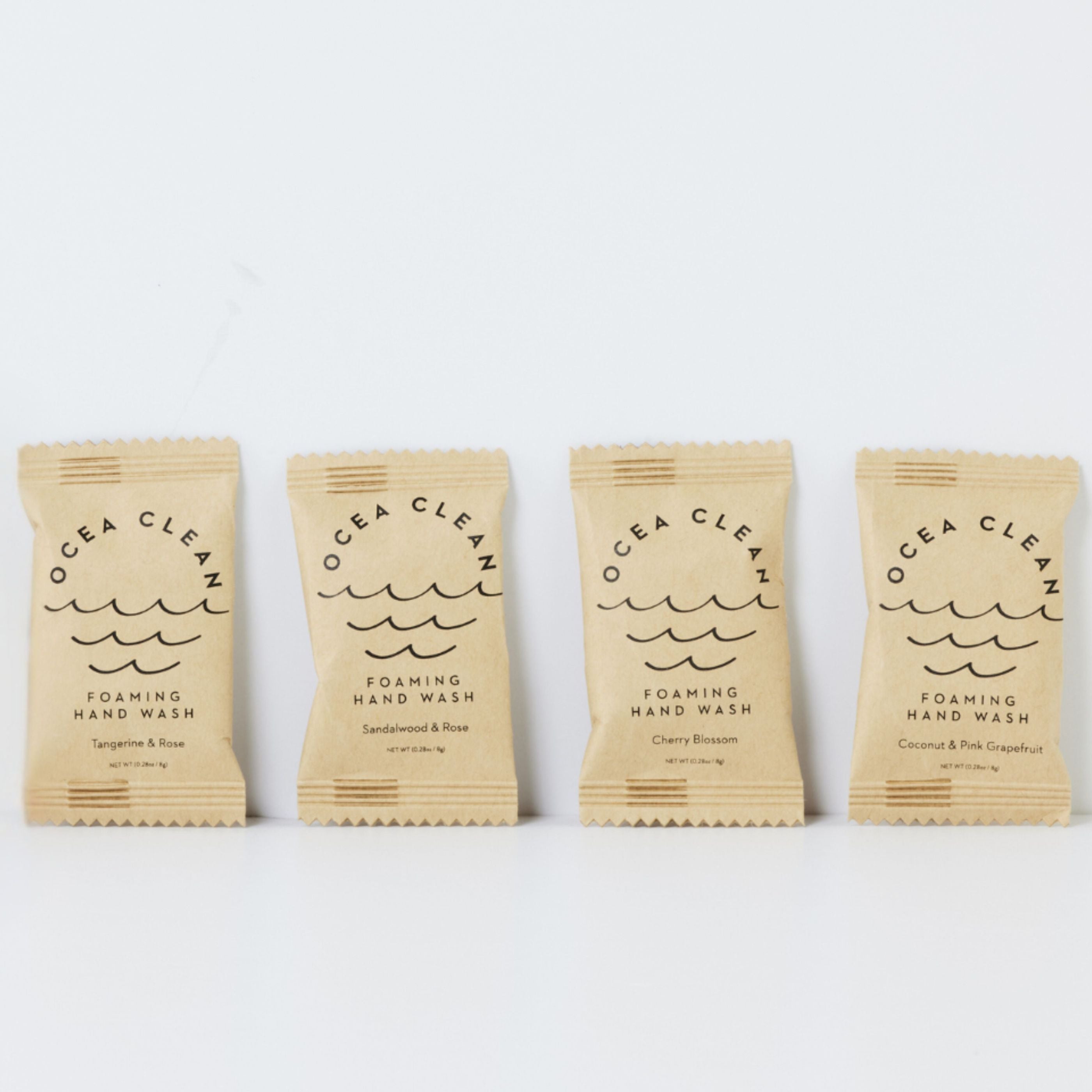 Four Ocea Clean foaming hand wash tablets on a white background