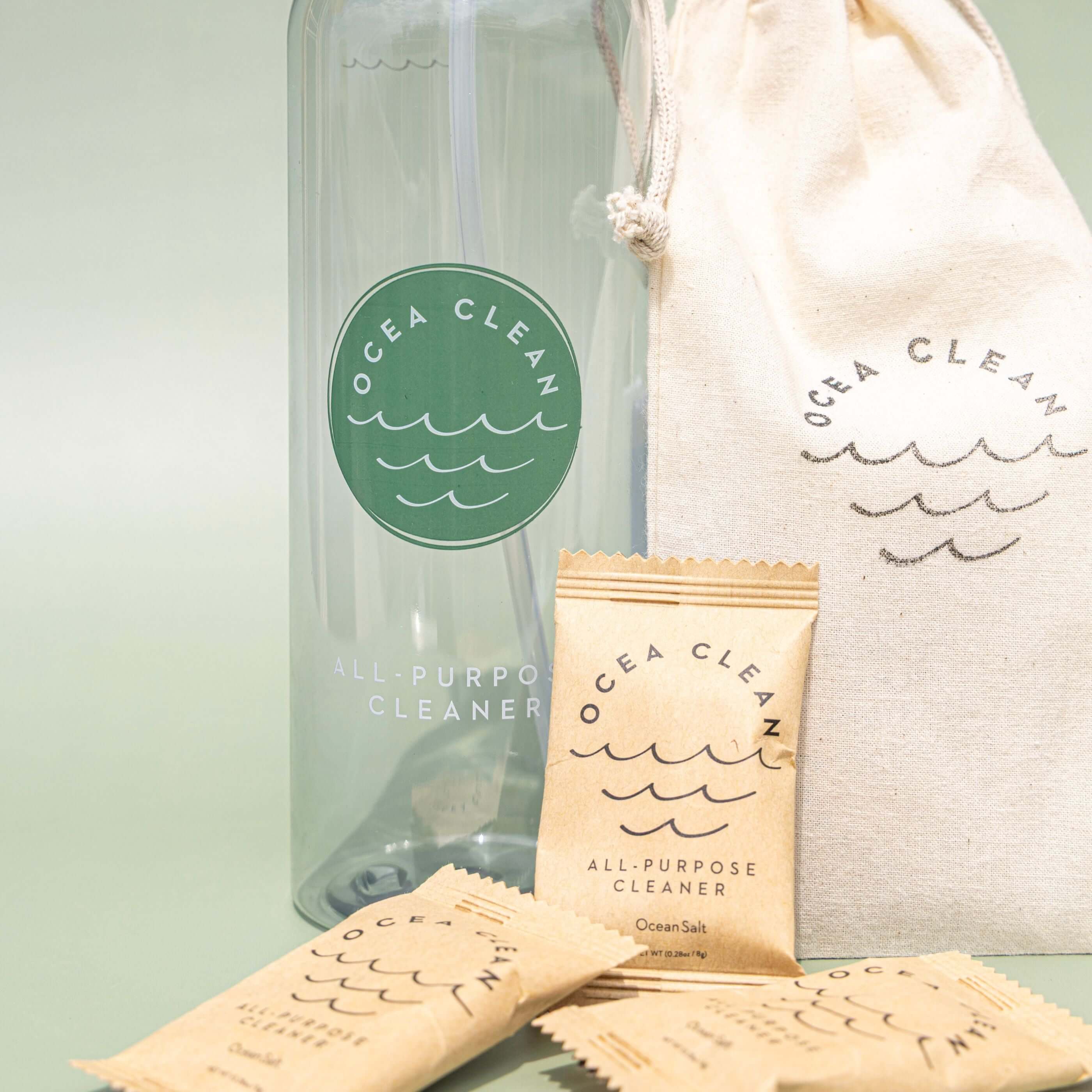 Ocea Clean All-Purpose Cleaner Kit with refillable spray bottle and ocean salt fragrance tablets.