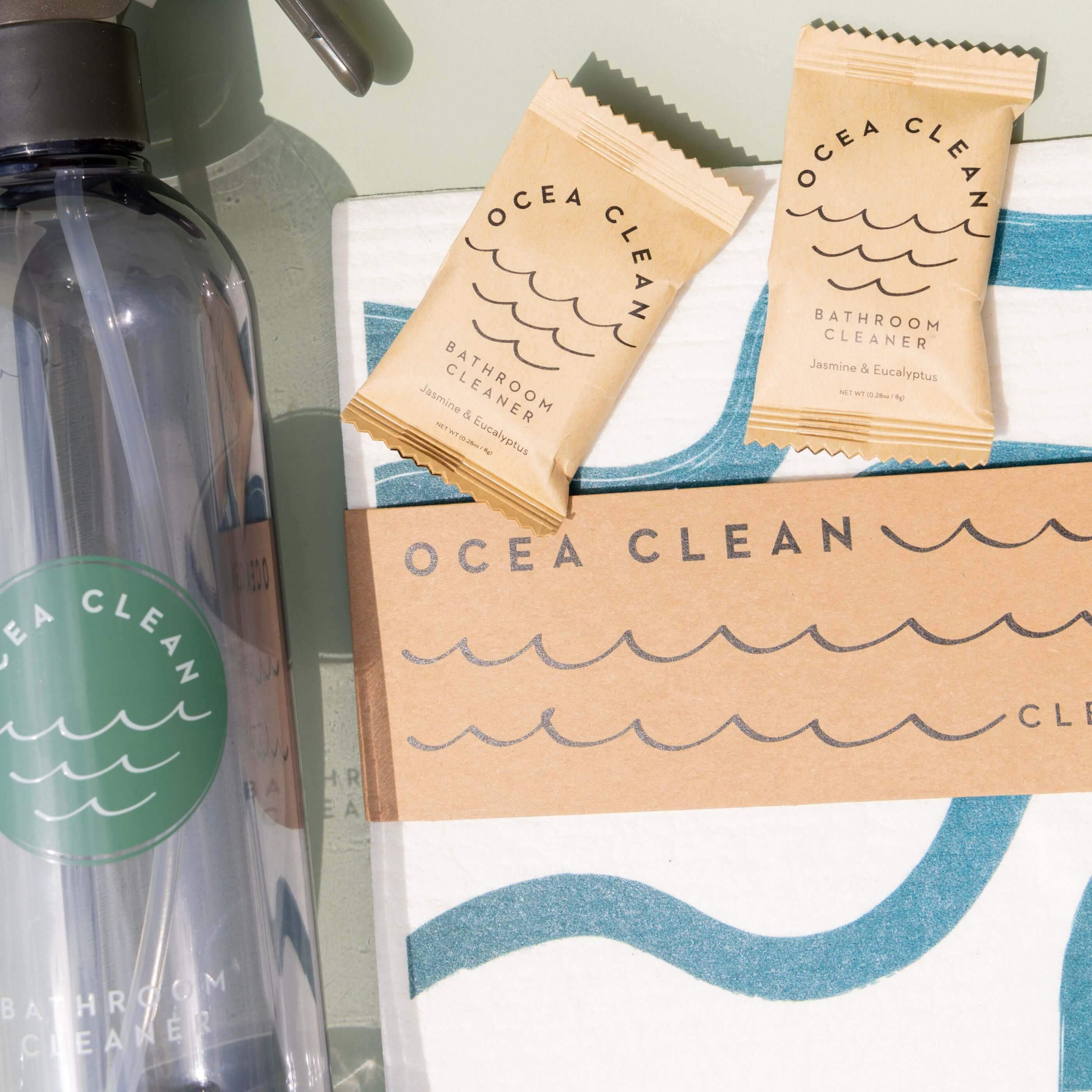 Ocea Clean Bathroom Cleaner Kit with dissolvable cleaning tablets and reusable bottle