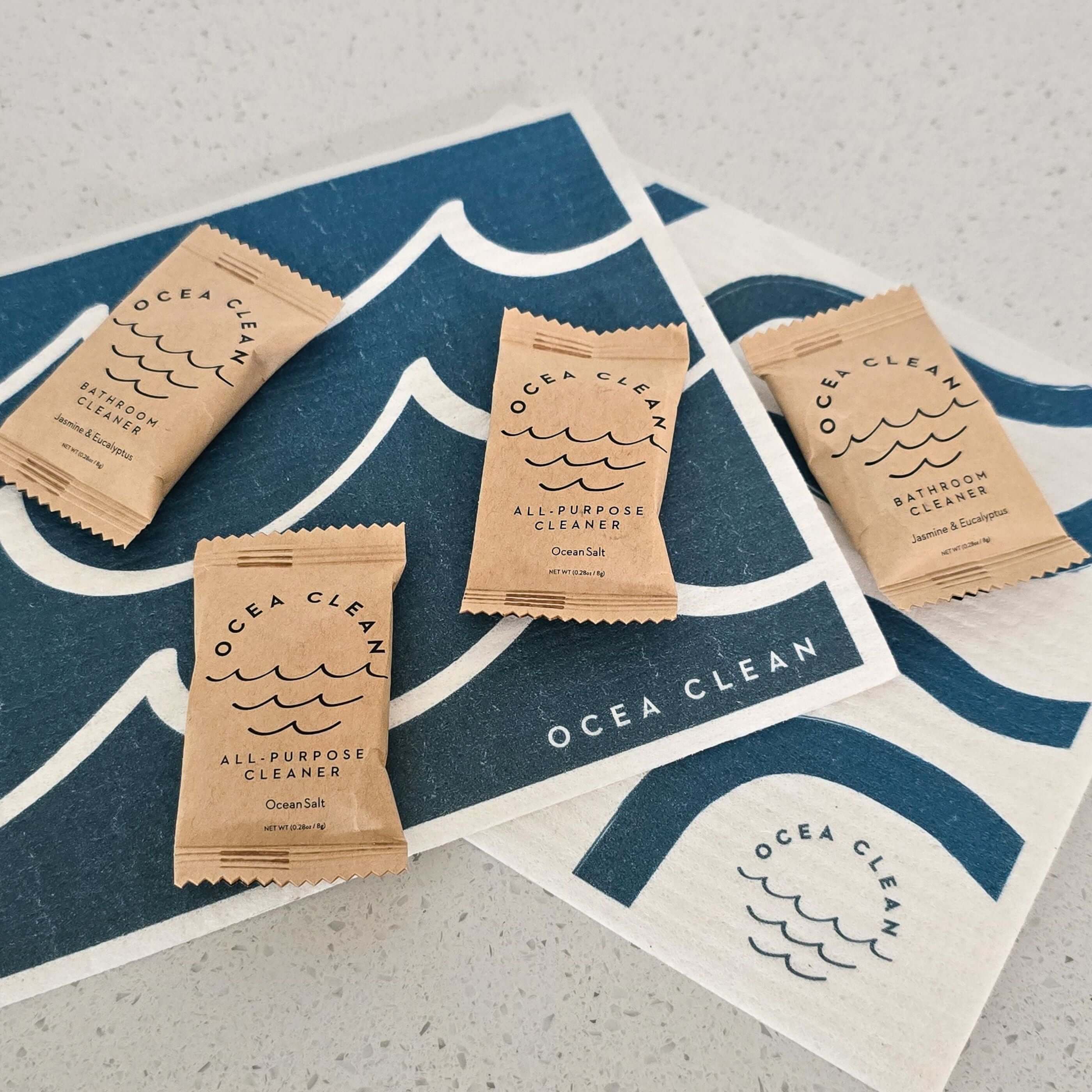 Ocea Clean Cleaning Kit Refills featuring all-purpose cleaner tablets on a stylish cloth, ideal for eco-friendly cleaning.