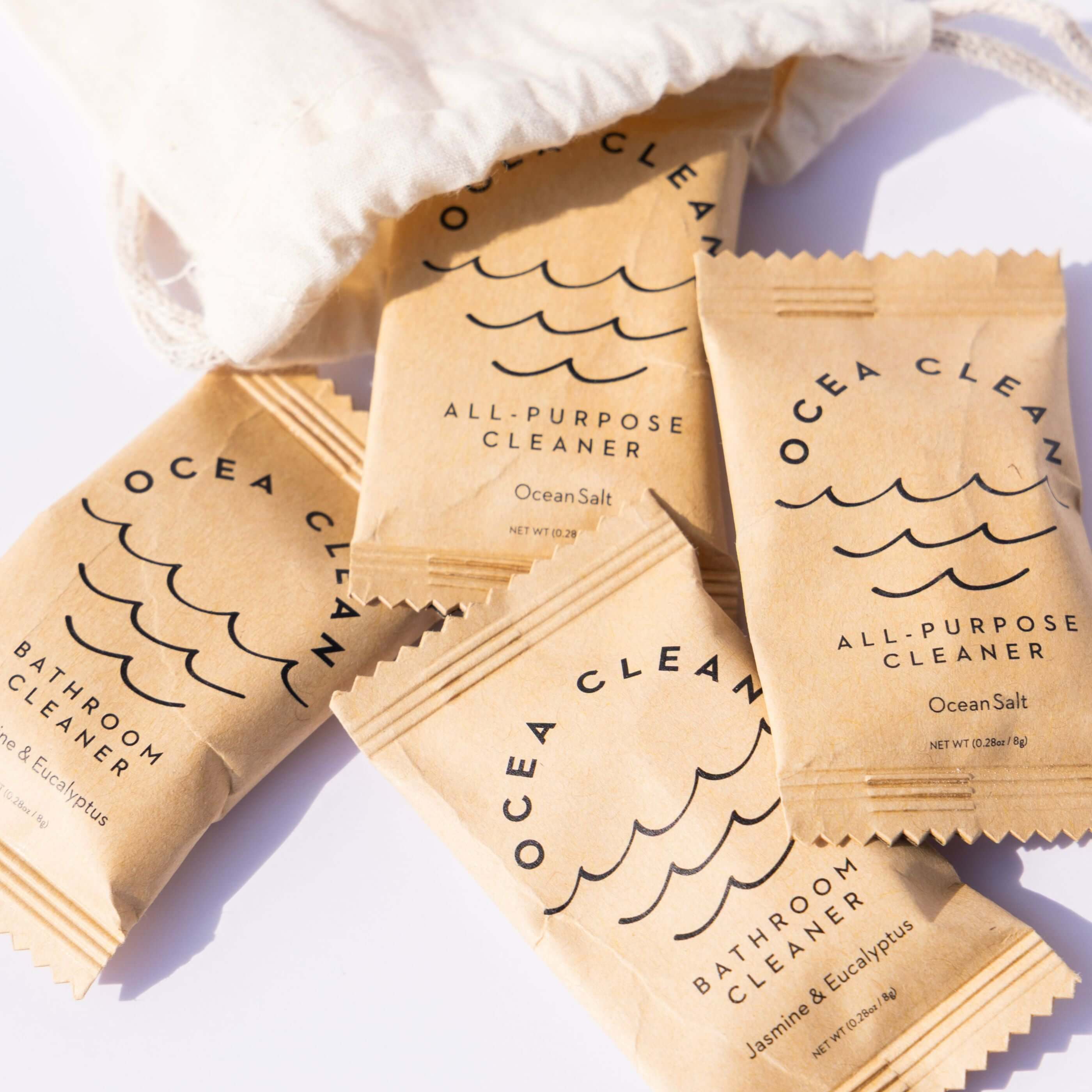 Ocea Clean Cleaning Kit Refills with all-purpose cleaner and bathroom cleaner tablets in eco-friendly packaging.