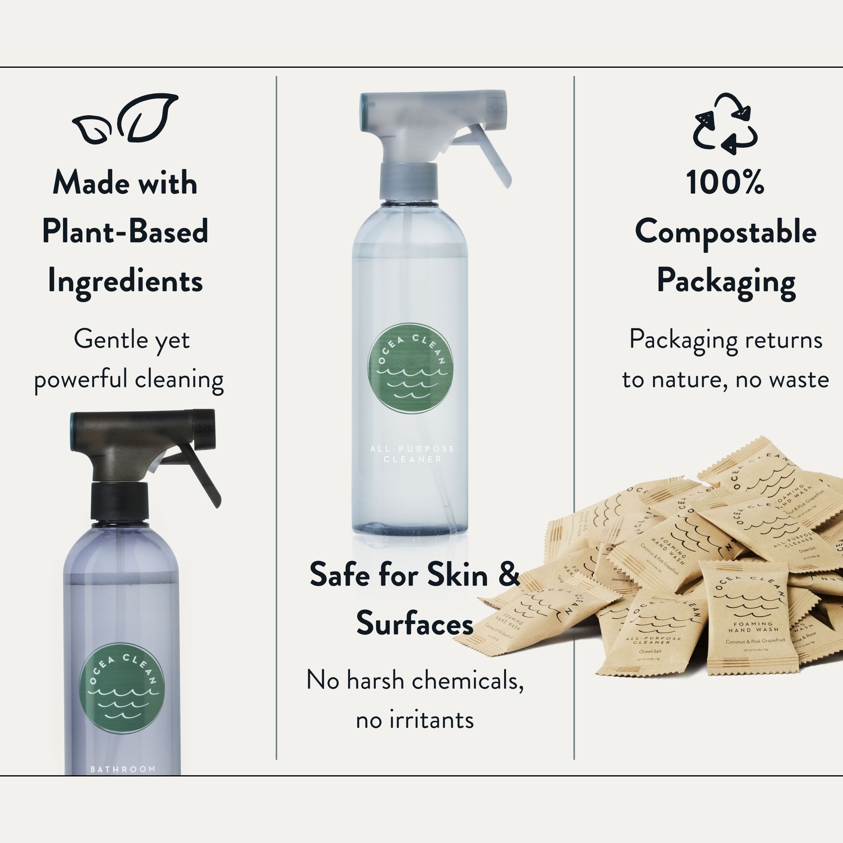 Two spray bottles with plant-based ingredients, compostable packaging, and safe for skin and surfaces on a white background.
