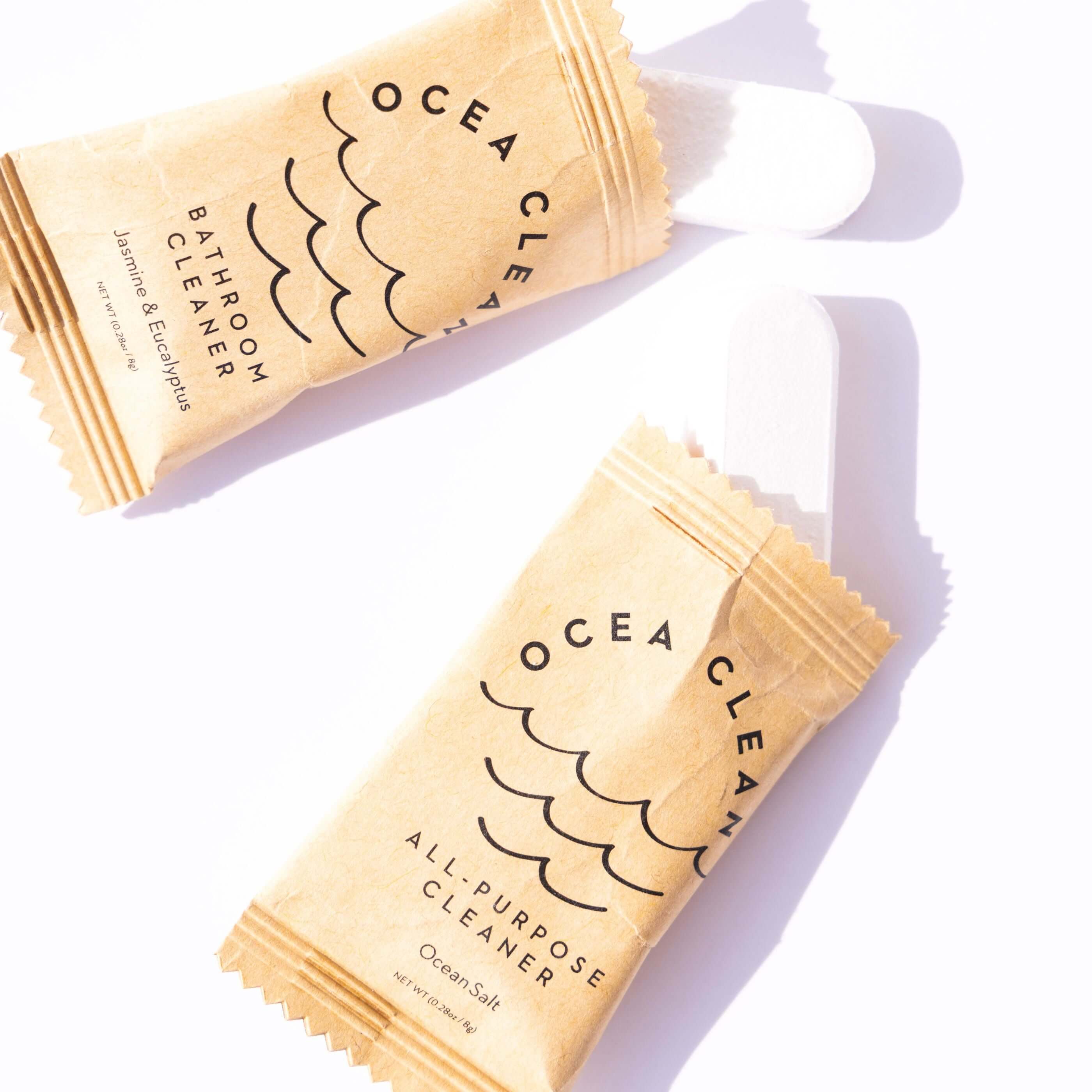 Ocea Clean Cleaning Kit Refills featuring bathroom and all-purpose cleaner tablets, eco-friendly and non-toxic.