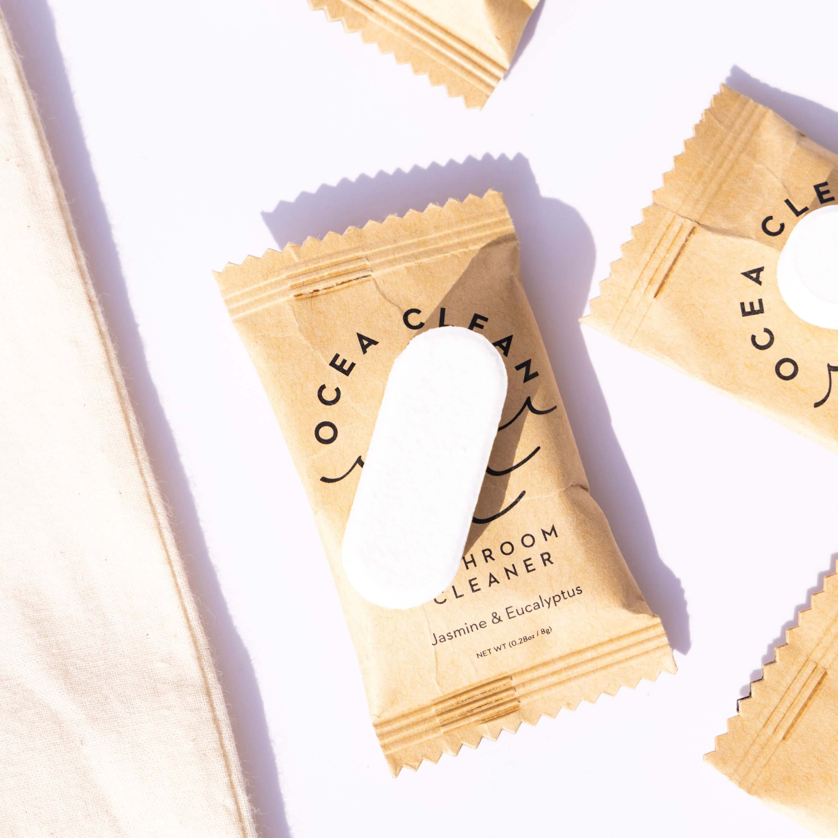 Ocea Clean Bathroom Cleaner Refills in eco-friendly packaging with dissolvable cleaning tablet for deep cleaning.