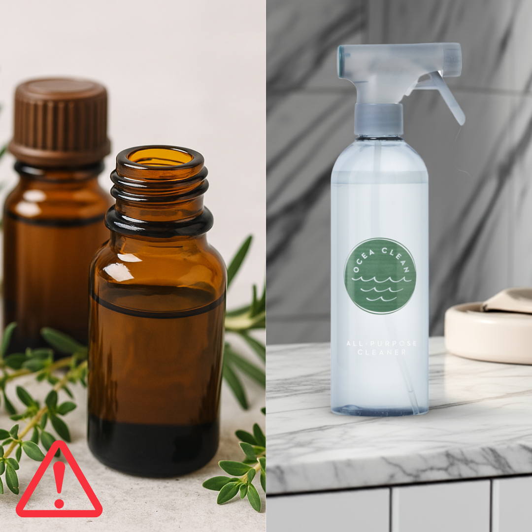 Split-screen image showing amber essential oil bottles with herbs on the left, symbolising raw oils and natural claims, contrasted with an Ocea Clean refillable cleaning bottle on a bright kitchen bench, representing safe, IFRA-certified fragrances.