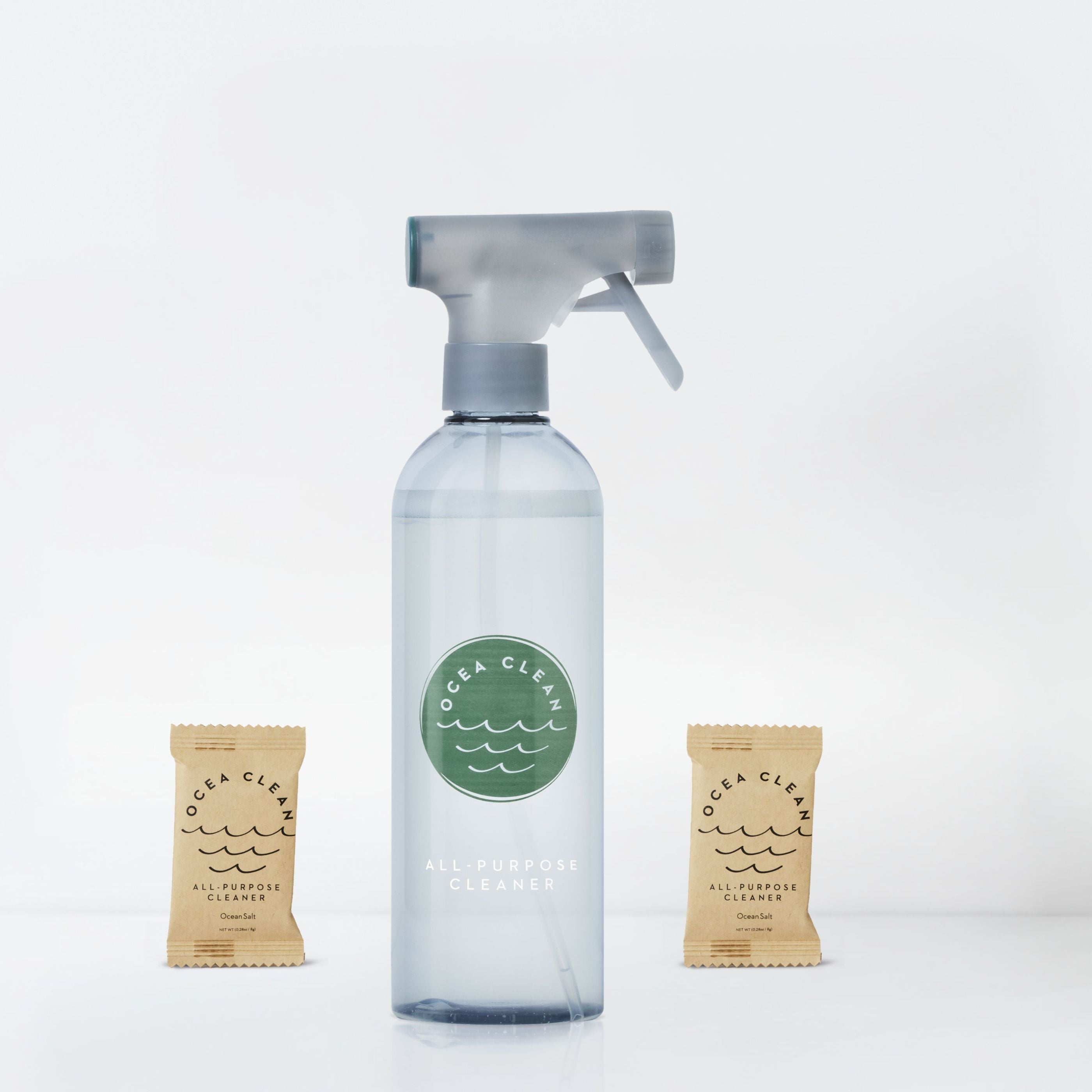 Ocea Clean all-purpose cleaner bottle with two tablets on a white background