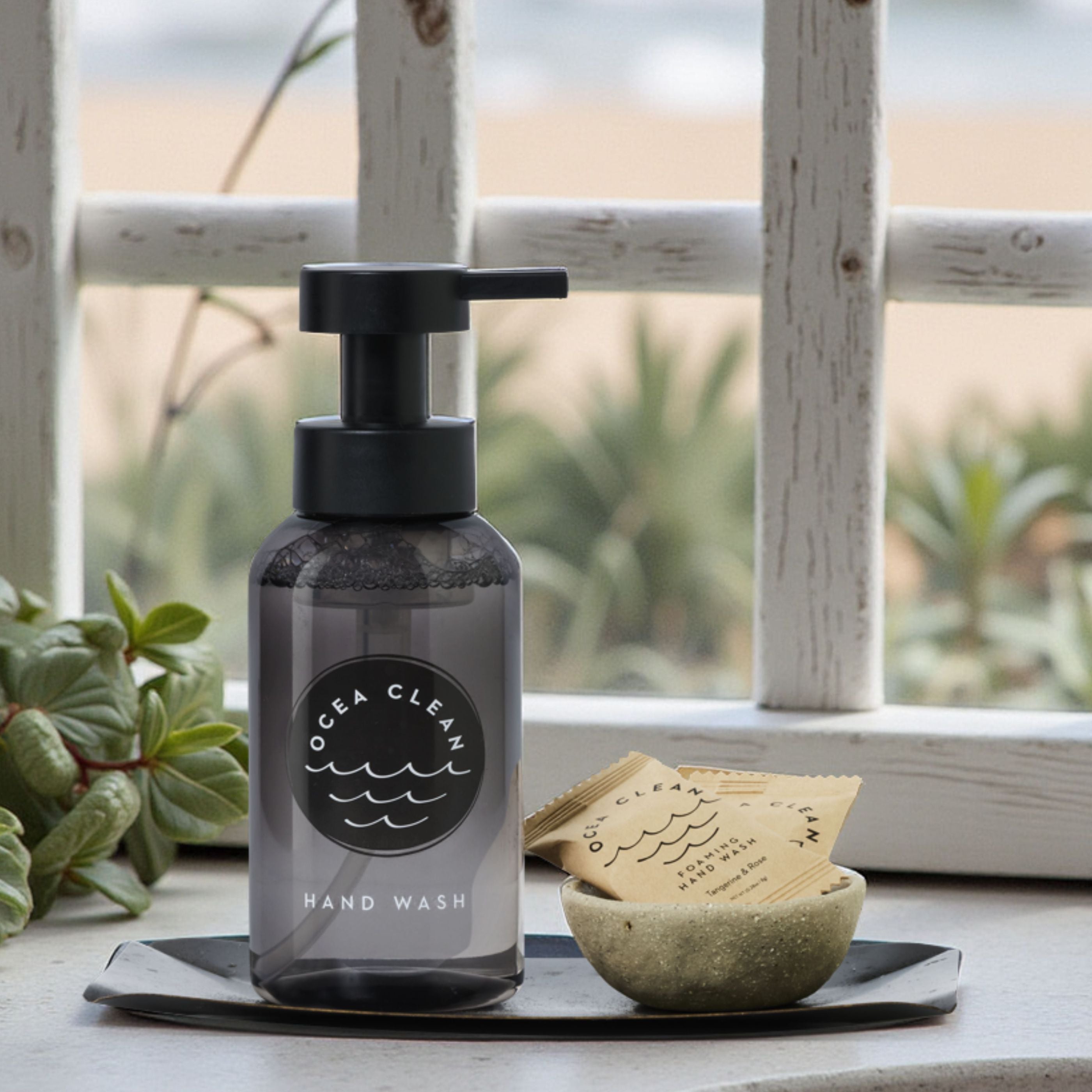 Hand wash bottle with a pump, soap bars, and a bowl on a windowsill with plants in the background.